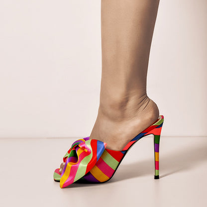 Colour Bow Leather Square Toe High Stiletto Heels Sandals - Onlymaker