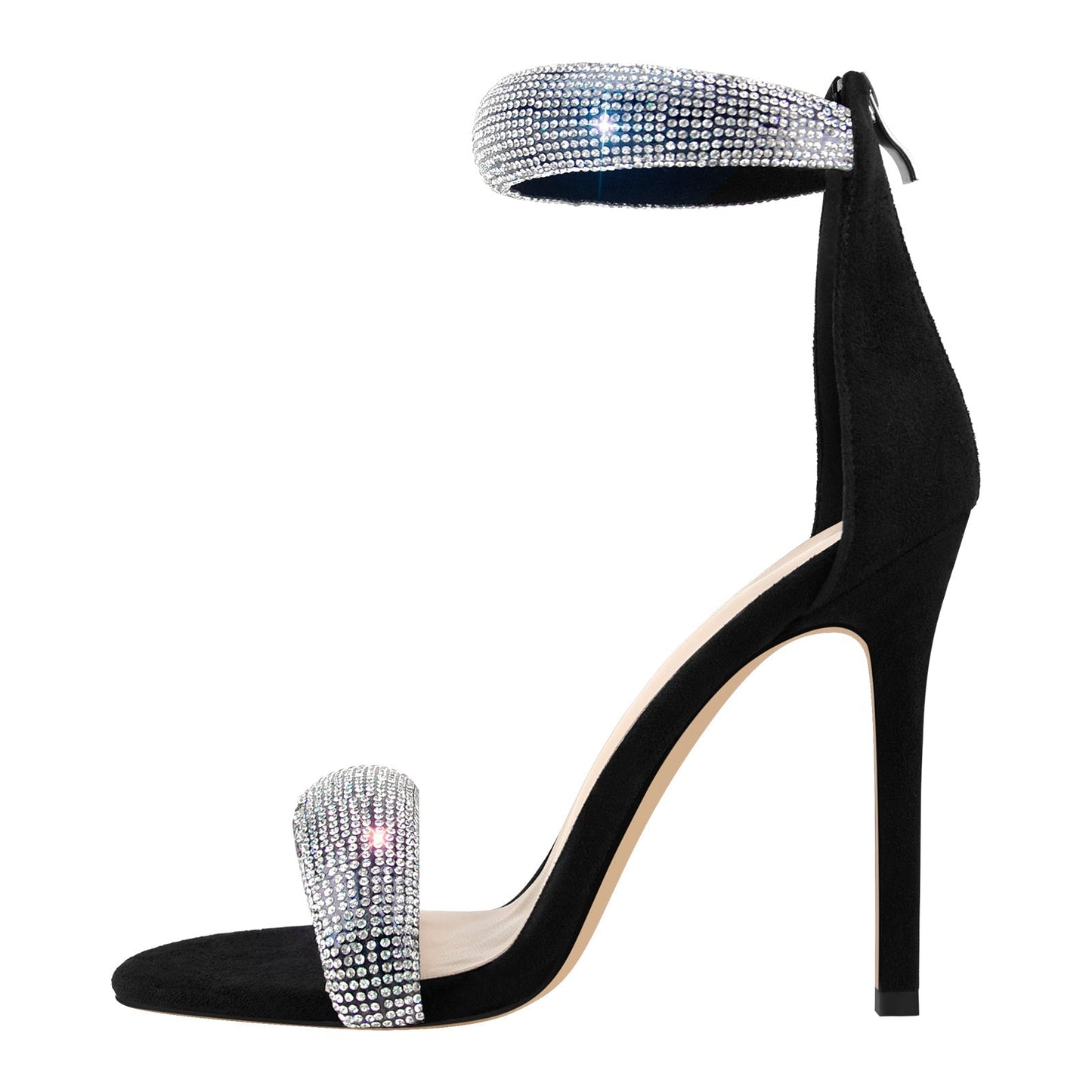 Double Rhinestone Band Zipper Stiletto Sandals - Onlymaker