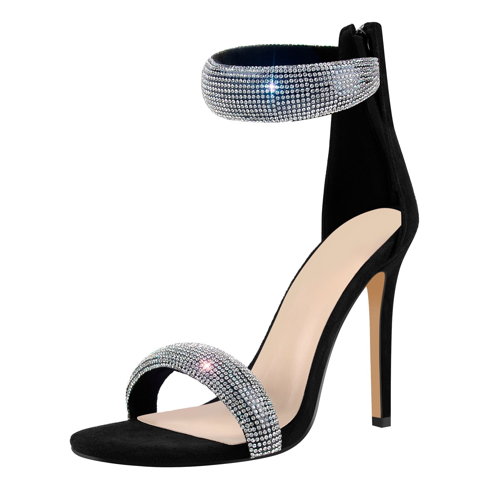 Double Rhinestone Band Zipper Stiletto Sandals - Onlymaker