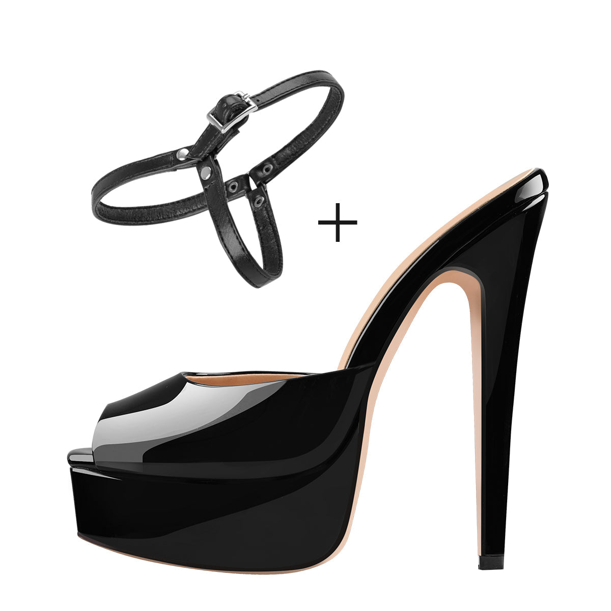 Peep Toe Black Patent Leather Stiletto High Heel Mules Sandals - Onlymaker