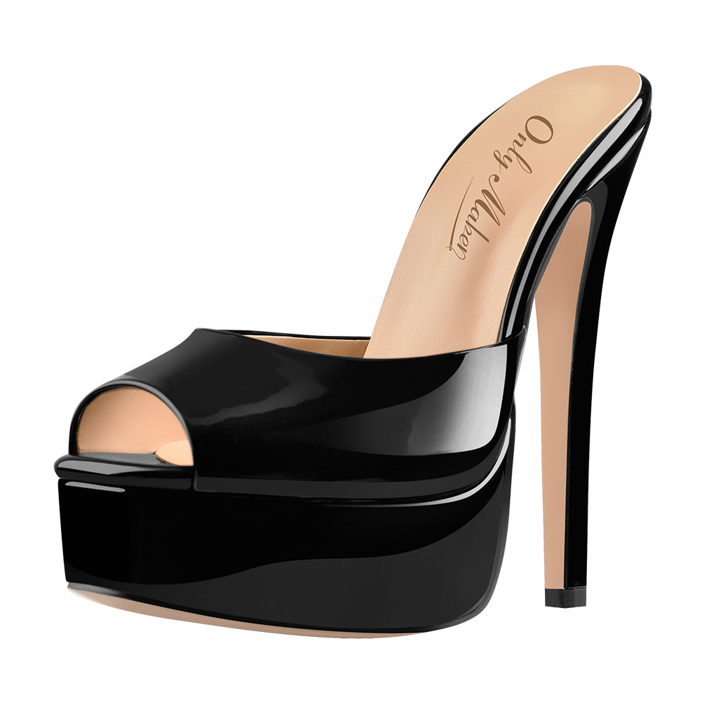 Peep Toe Black Patent Leather Stiletto High Heel Mules Sandals - Onlymaker