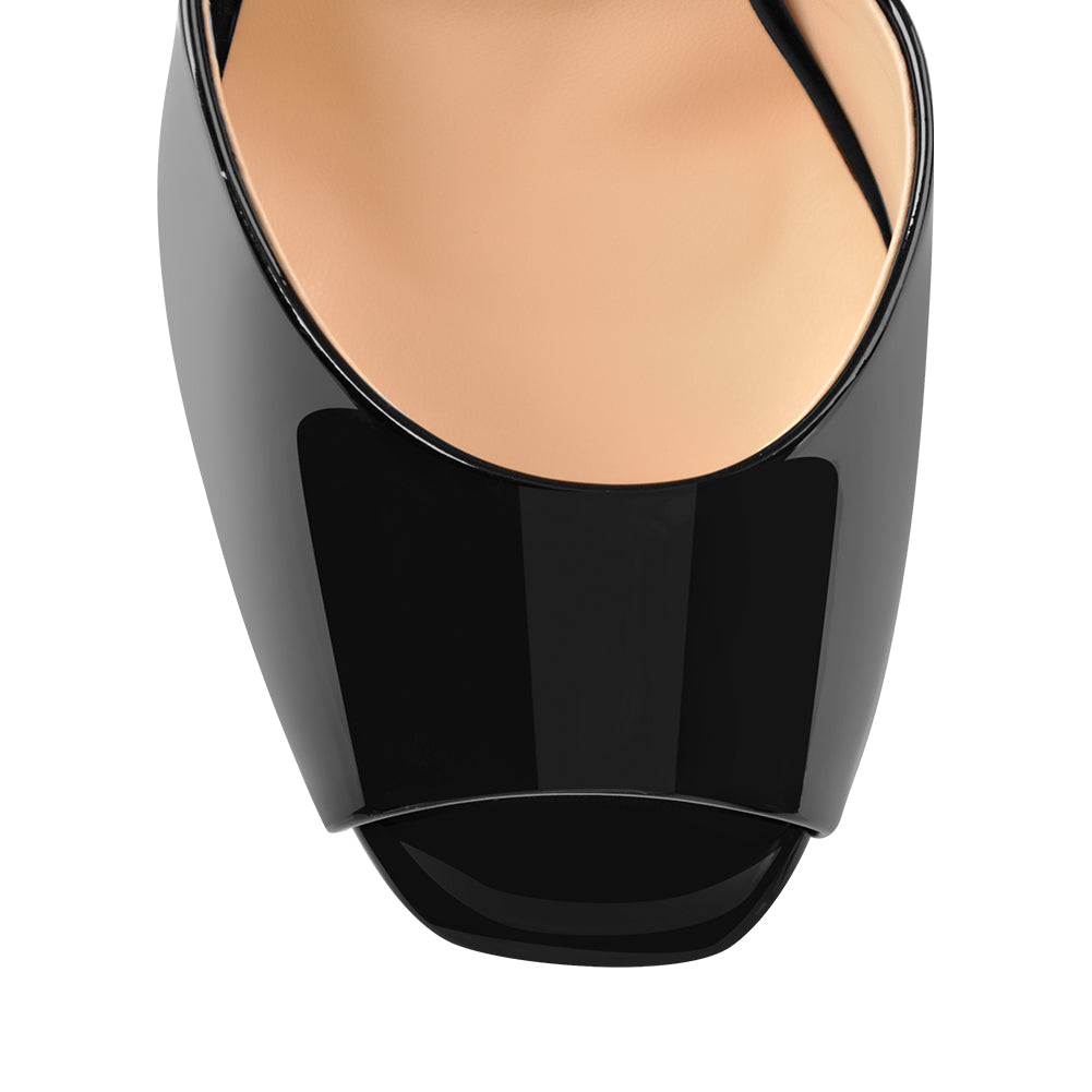 Peep Toe Black Patent Leather Stiletto High Heel Mules Sandals - Onlymaker