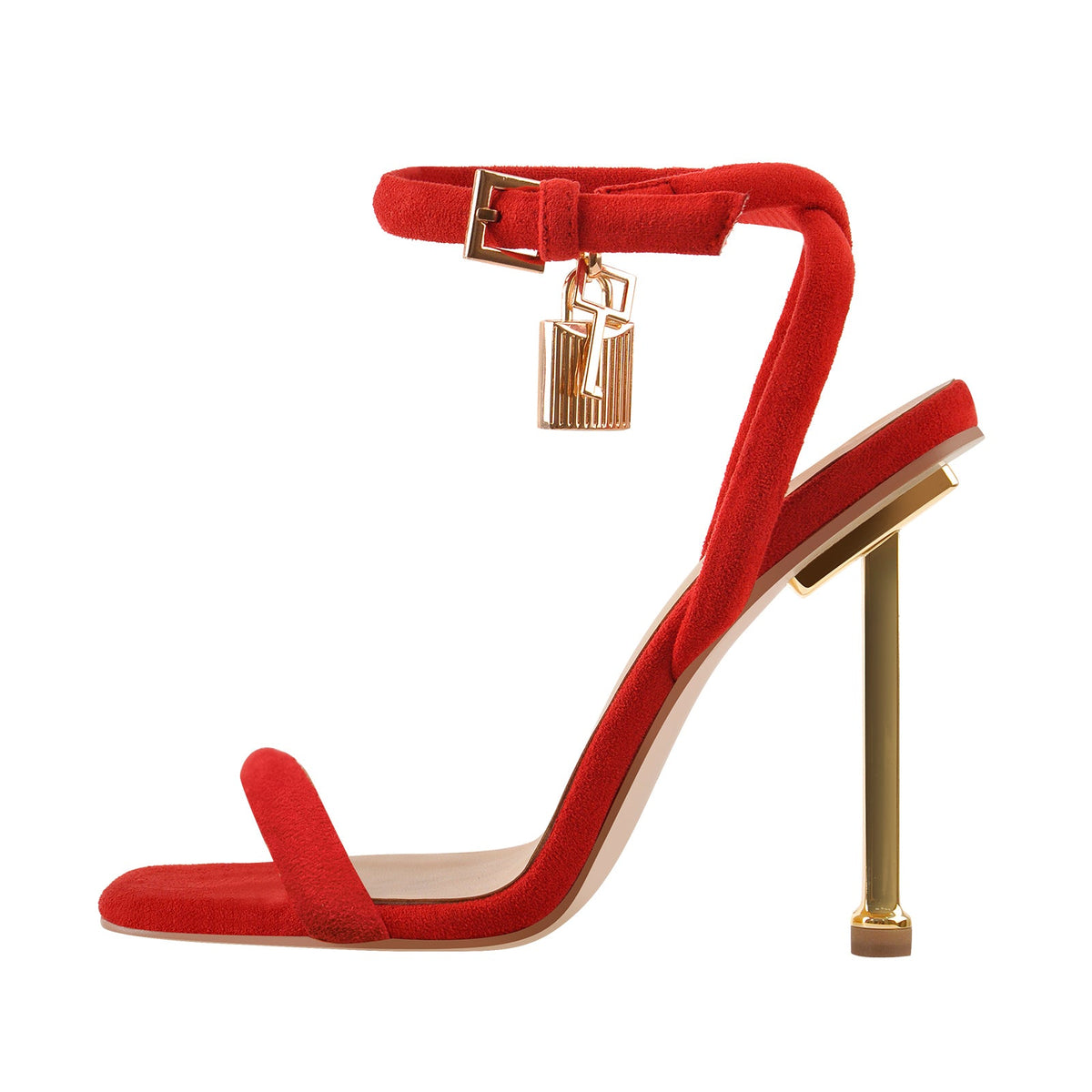 Red Suede Ankle Strap Square Toe Stilettos Metal Heel Sandals - Onlymaker