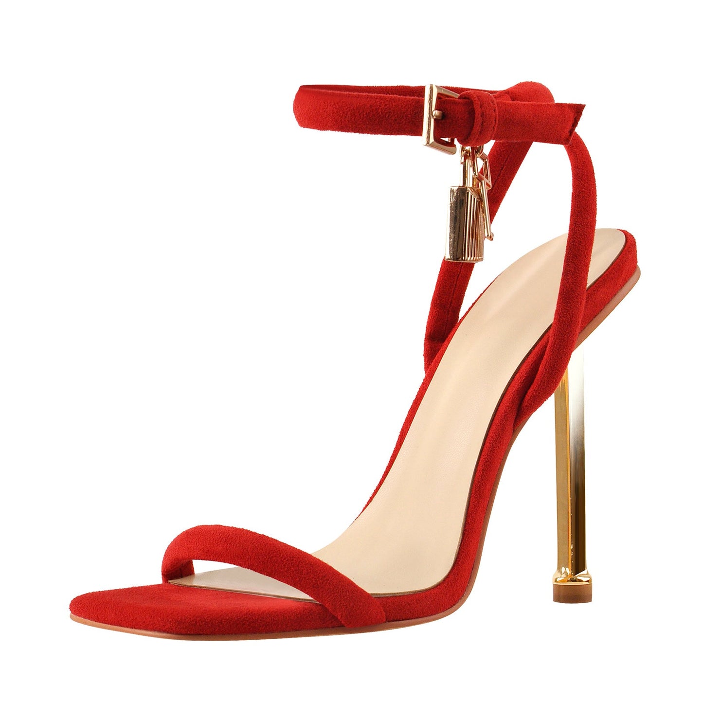 Red Suede Ankle Strap Square Toe Stilettos Metal Heel Sandals - Onlymaker