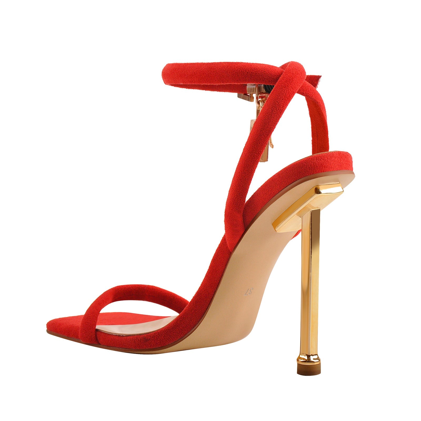 Red Suede Ankle Strap Square Toe Stilettos Metal Heel Sandals - Onlymaker