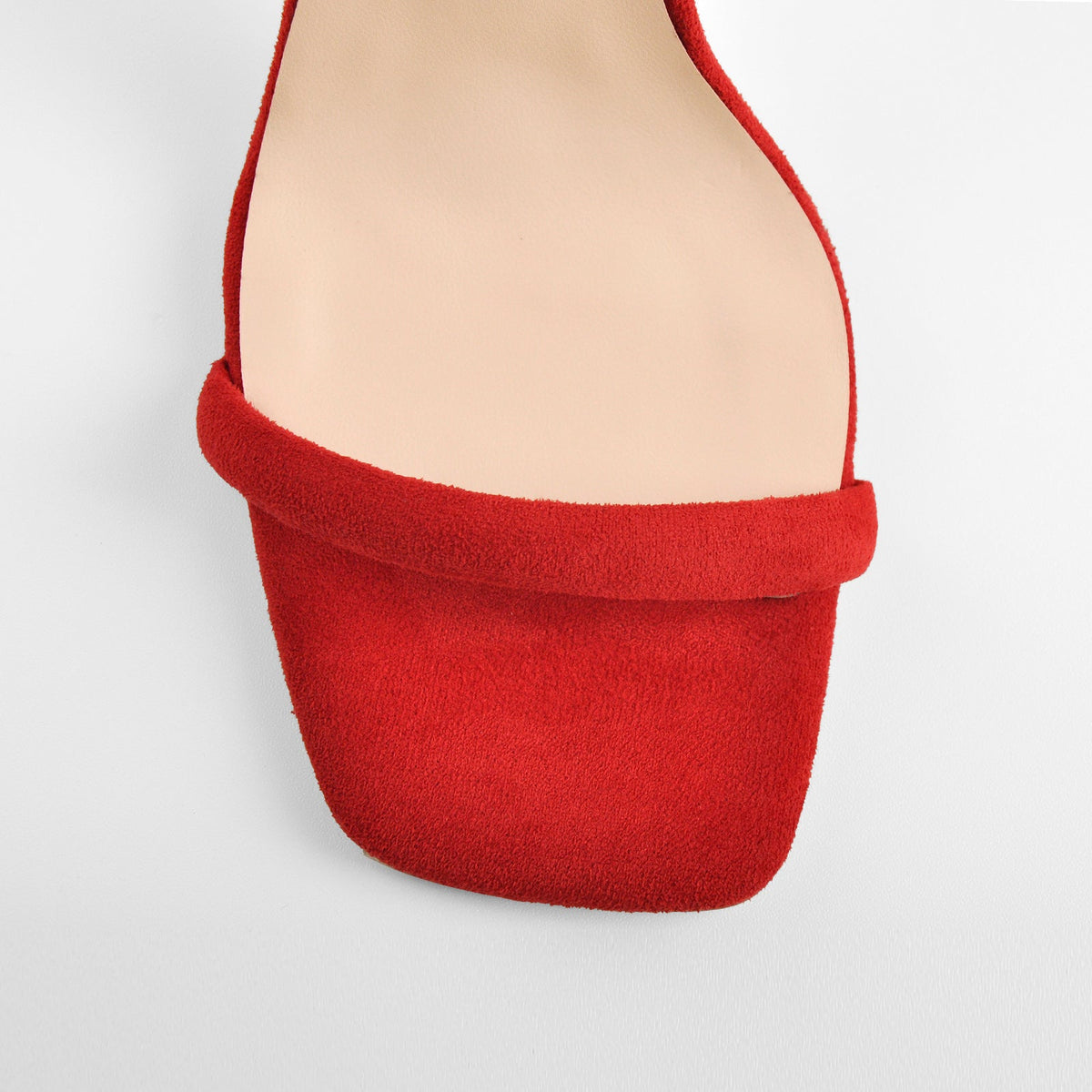 Red Suede Ankle Strap Square Toe Stilettos Metal Heel Sandals - Onlymaker