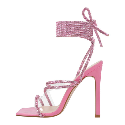 Rhinestone Straps Lace-up High Heel Sandals - Onlymaker