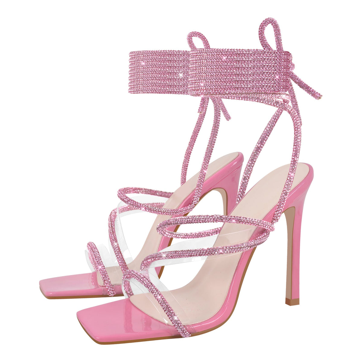 Rhinestone Straps Lace-up High Heel Sandals - Onlymaker