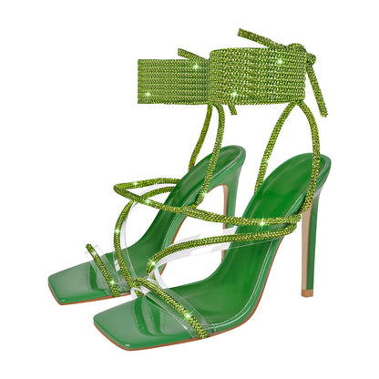 Rhinestone Straps Lace-up High Heel Sandals - Onlymaker