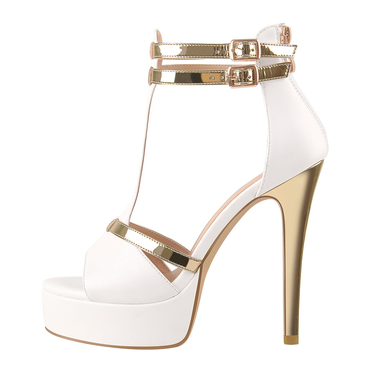 Gold T-Strap White Platform High Heel Sandals - Onlymaker