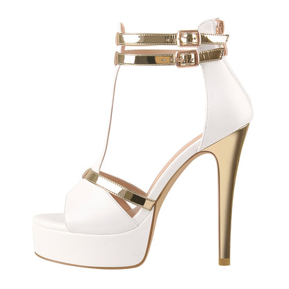 Gold T-Strap White Platform High Heel Sandals - Onlymaker