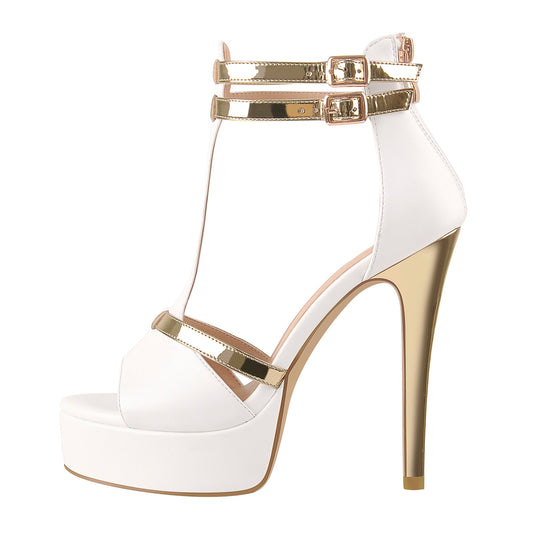 Gold T-Strap White Platform High Heel Sandals - Onlymaker