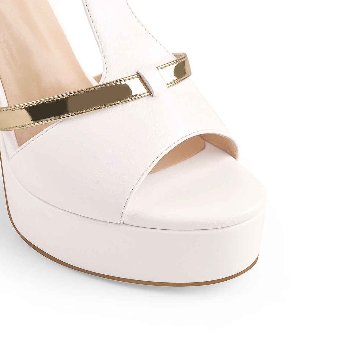 Gold T-Strap White Platform High Heel Sandals - Onlymaker
