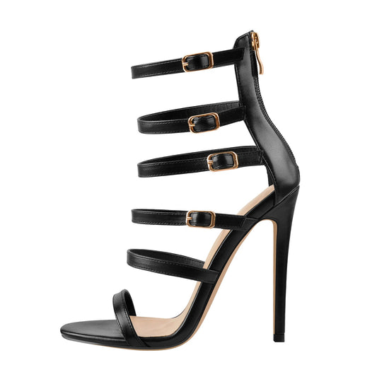 Black Gladiator Open Toe Zip High Heel Stiletto Sandals - Onlymaker