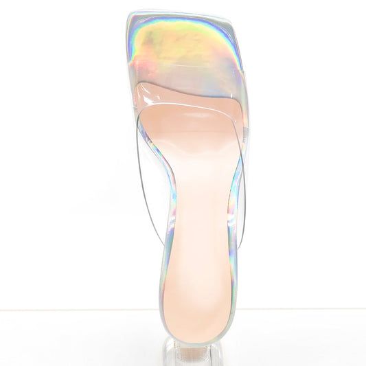 Holographic Transparent Chunky Heel Square Toe Sandals Mules - Onlymaker