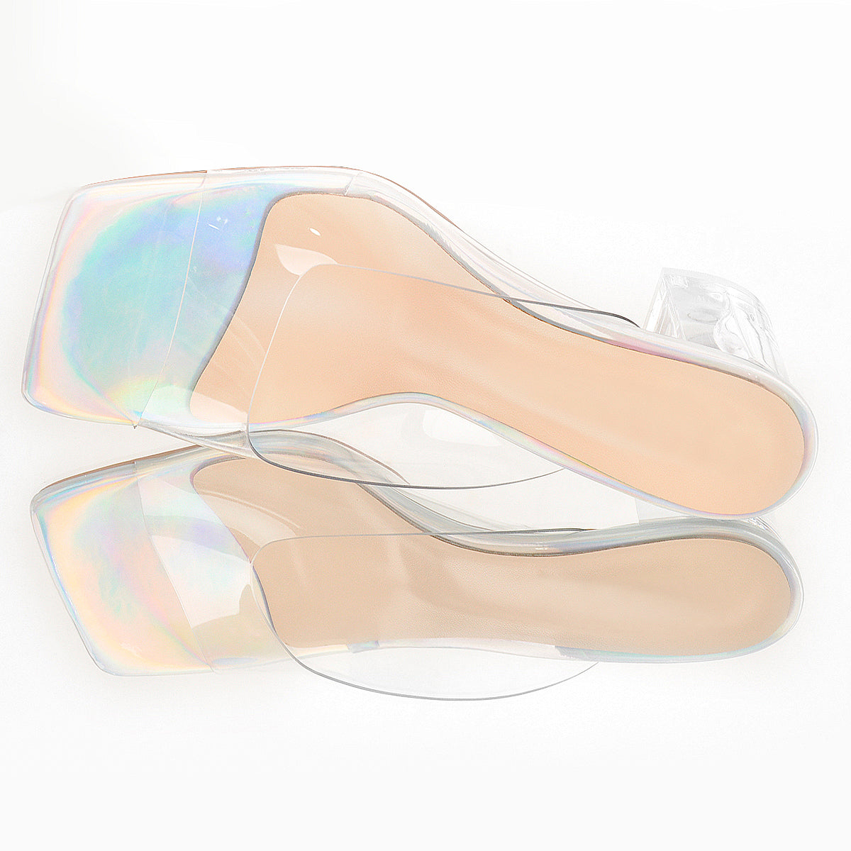 Holographic Transparent Chunky Heel Square Toe Sandals Mules - Onlymaker