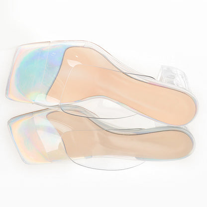 Holographic Transparent Chunky Heel Square Toe Sandals Mules - Onlymaker