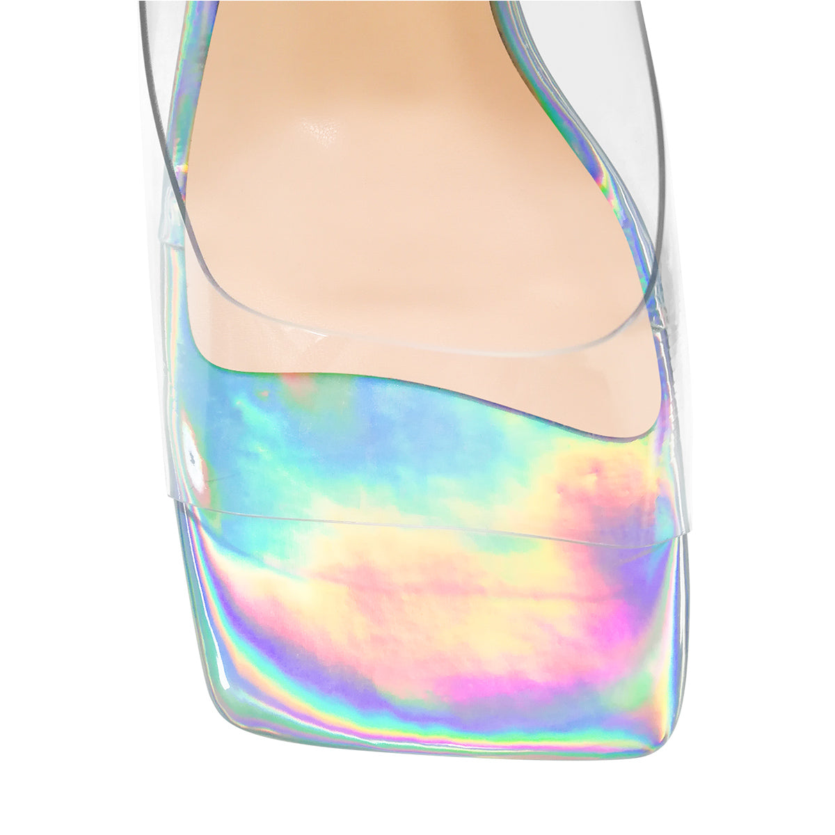 Holographic Transparent Chunky Heel Square Toe Sandals Mules - Onlymaker