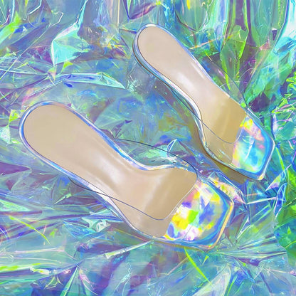 Holographic Transparent Chunky Heel Square Toe Sandals Mules - Onlymaker