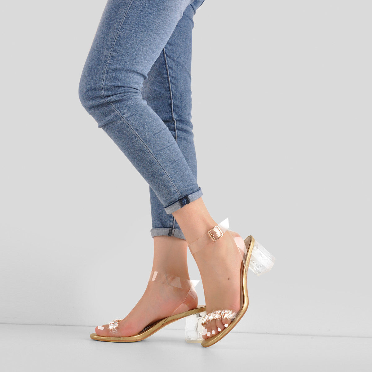 Ankle Clear Strap Rhinestone Transparent Perspex Heels Sandals - Onlymaker