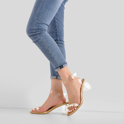 Ankle Clear Strap Rhinestone Transparent Perspex Heels Sandals - Onlymaker