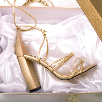Gladiator Lace up Chunky High Heel Sandals - Onlymaker