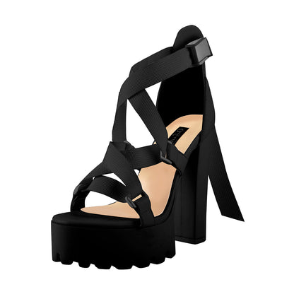 Open Toe Black Cross Strap Platform Block Heel Sandals - Onlymaker