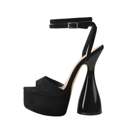 Black Suede Platform Ankle Strap High Heel Sandals - Onlymaker
