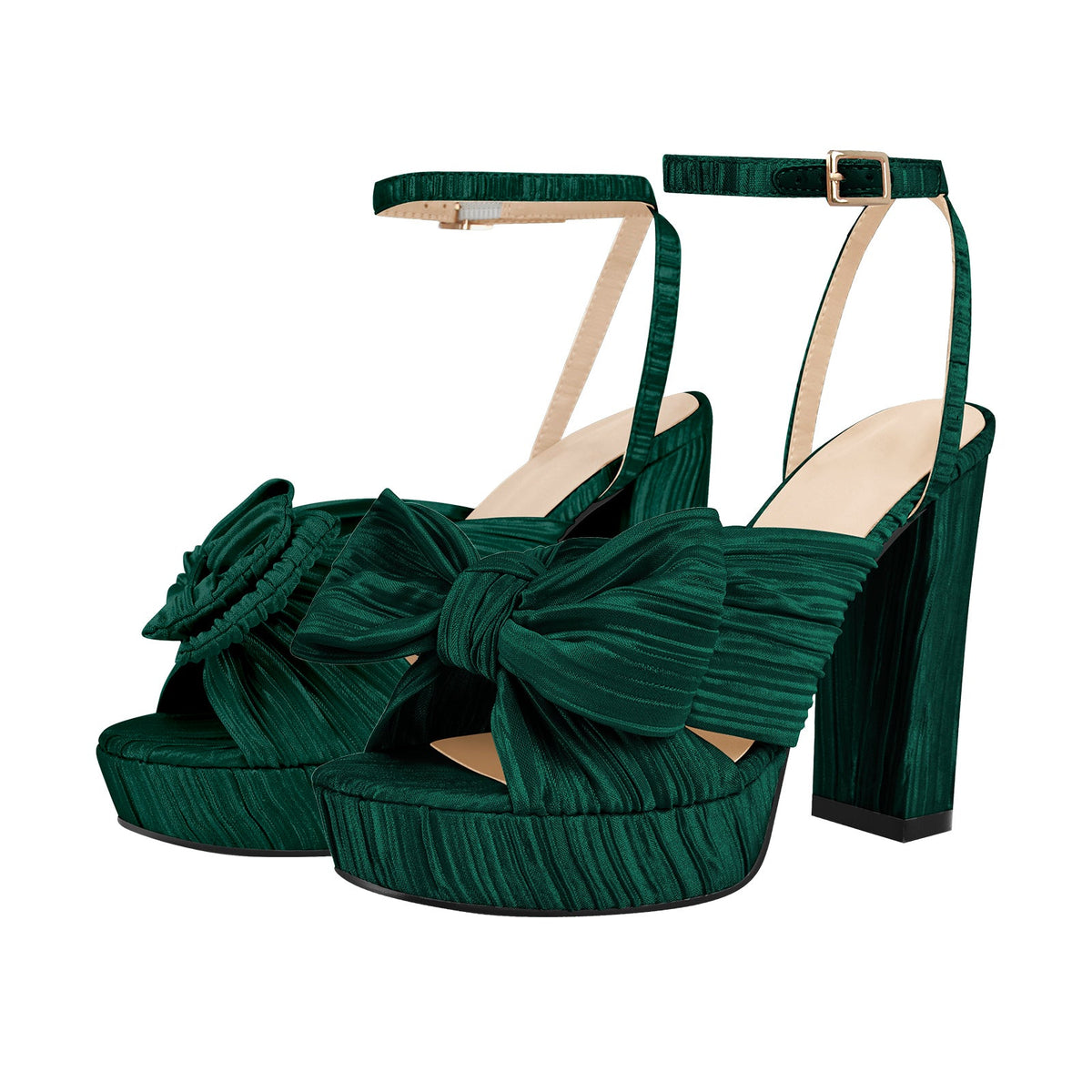 Platform Ankle Strap Pleated Bow Sandals - Onlymaker