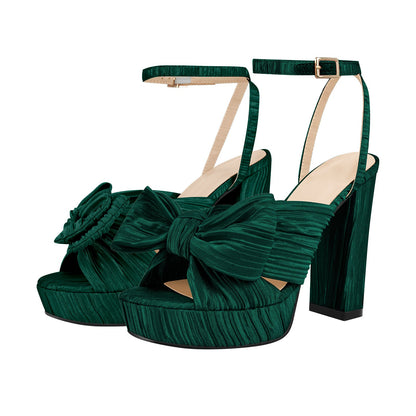 Platform Ankle Strap Pleated Bow Sandals - Onlymaker