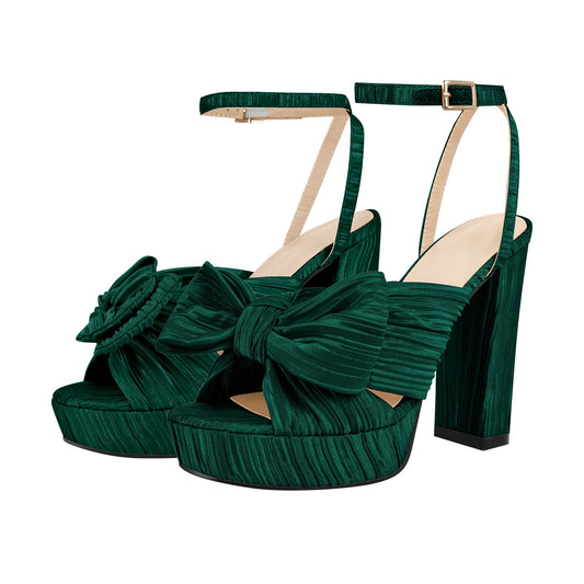 Platform Ankle Strap Pleated Bow Sandals - Onlymaker