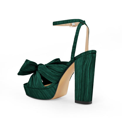 Platform Ankle Strap Pleated Bow Sandals - Onlymaker