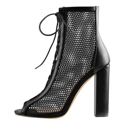 Chunky Heel Peep Toe Lace Up Mesh Ankle Booties Sandals - Onlymaker