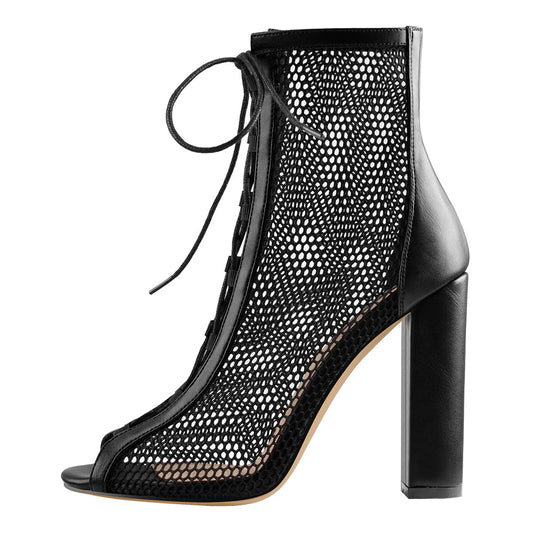 Chunky Heel Peep Toe Lace Up Mesh Ankle Booties Sandals - Onlymaker