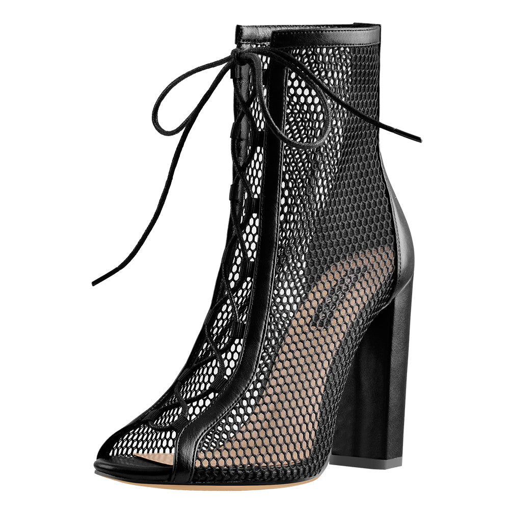 Chunky Heel Peep Toe Lace Up Mesh Ankle Booties Sandals - Onlymaker