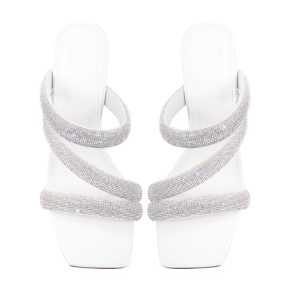 Rhinestone Strappy Slip on Chunky Heels Sandals - Onlymaker