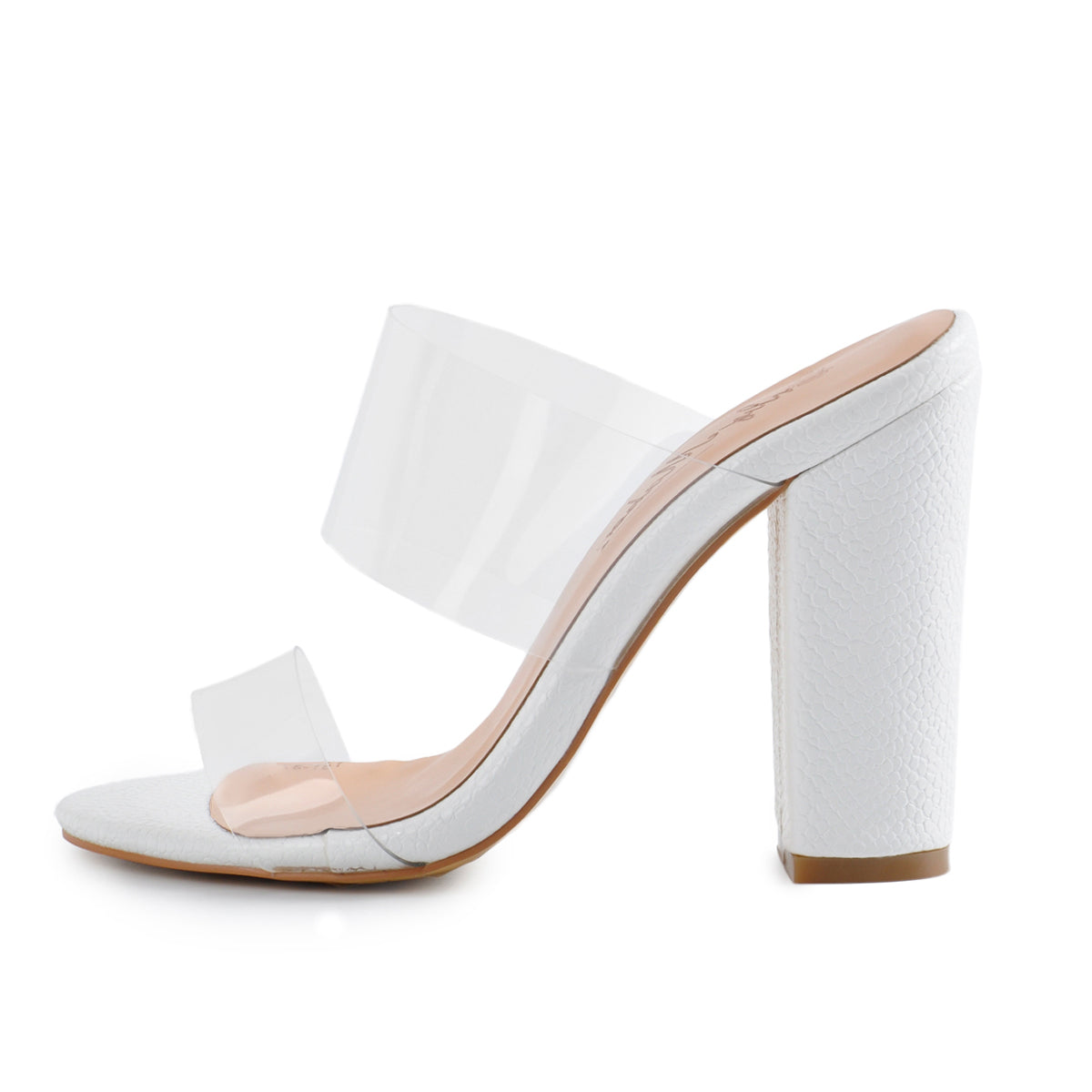 Clear Double Straps Snake Pattern Chunky Heels Mules - Onlymaker