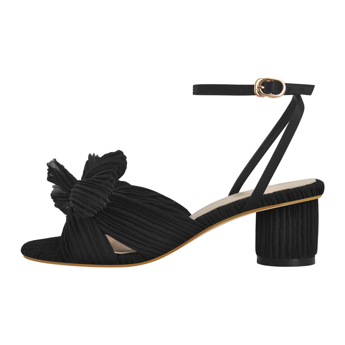 Pleated Bowknot Mid Chunky Heel Sandals - Onlymaker