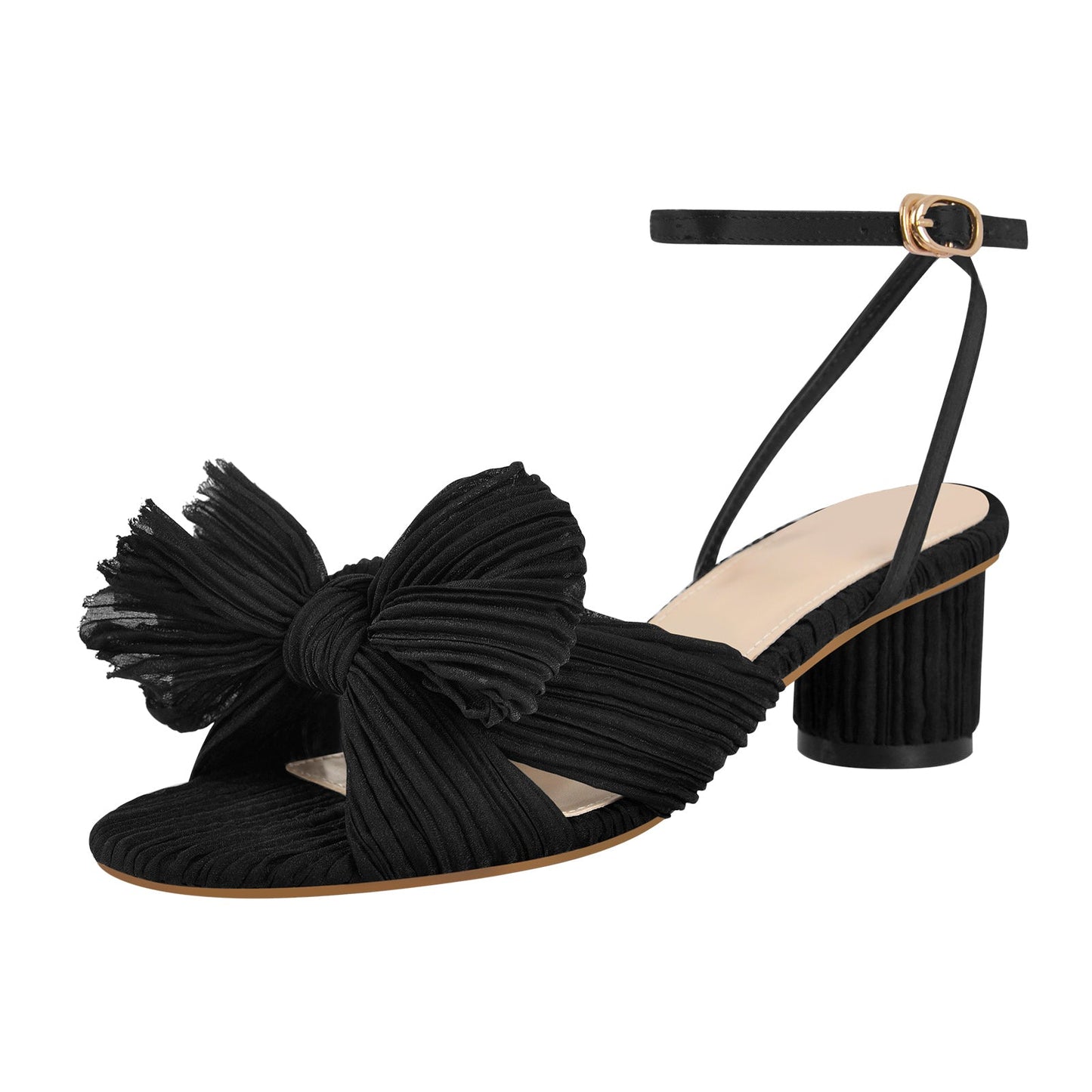 Pleated Bowknot Mid Chunky Heel Sandals - Onlymaker