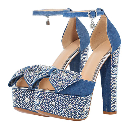 Rhinestone Bow Peep Toe High Heel Sandals - Onlymaker