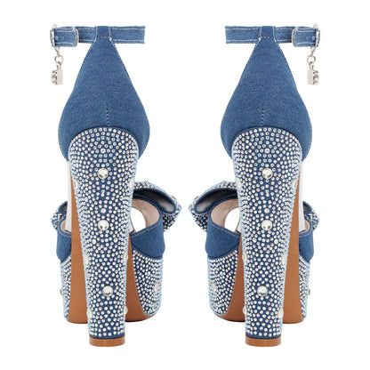 Rhinestone Bow Peep Toe High Heel Sandals - Onlymaker