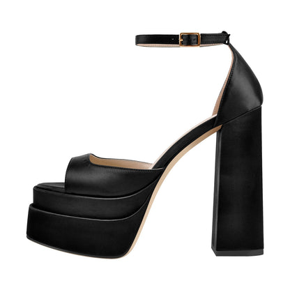 Double Platform Ankle Strap Chunky Heel Sandals - Onlymaker