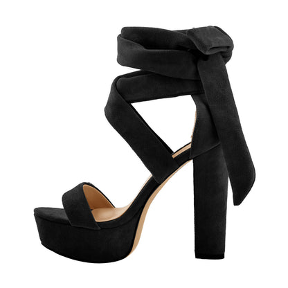Suede Lace Up Platform Chunky High Heel Sandals - Onlymaker
