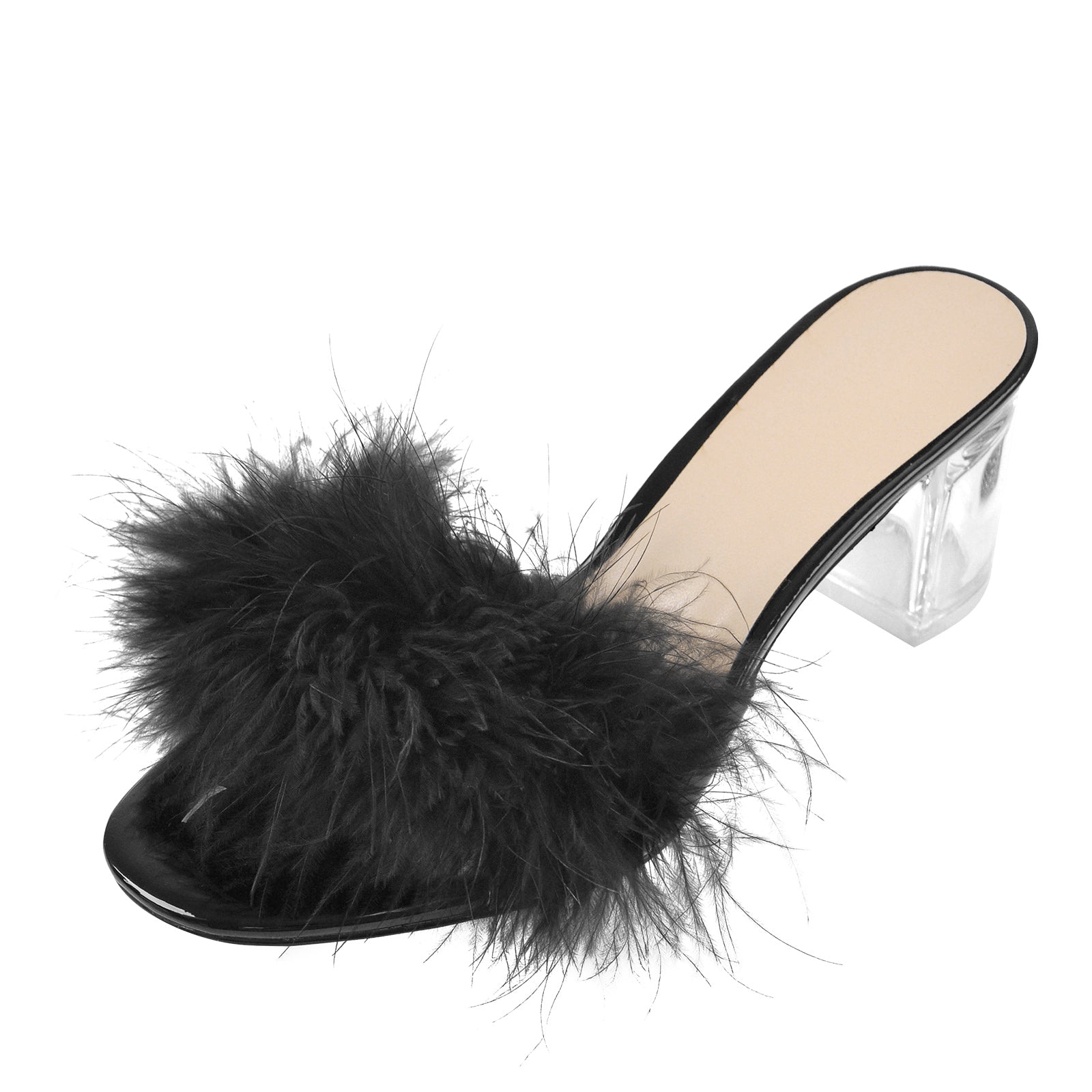 Black Feather Clear Heel Sandals - Onlymaker