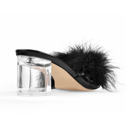 Black Feather Clear Heel Sandals - Onlymaker