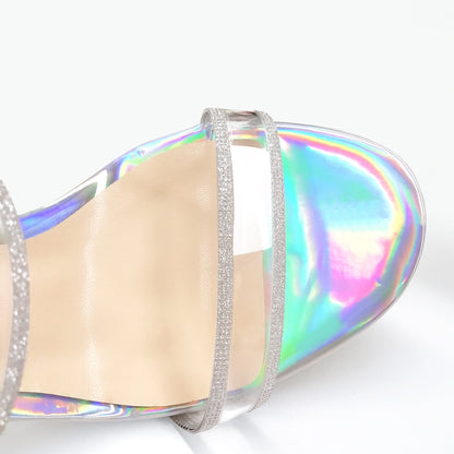Holographic Slip-On Transparent Chunky Heels Mules - Onlymaker