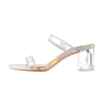 Holographic Slip-On Transparent Chunky Heels Mules - Onlymaker