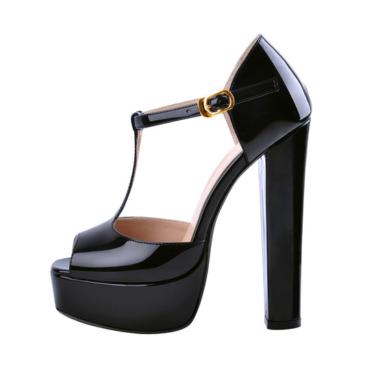 T Strap Peep Toe Platform Patent Chuncky High Heel Sandals - Onlymaker