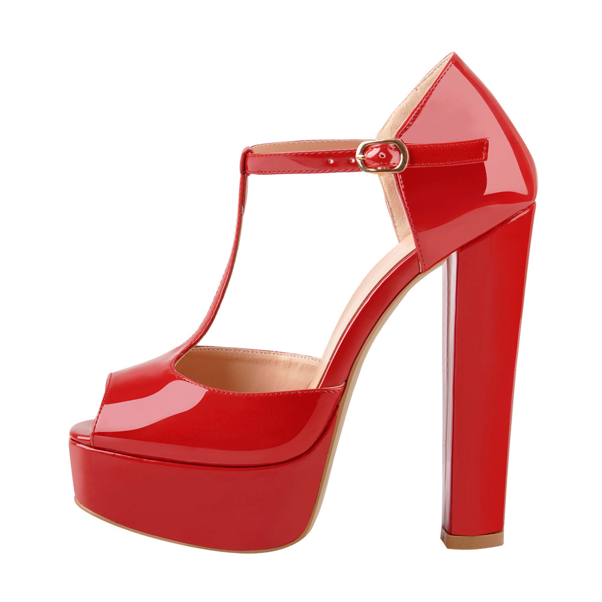 T Strap Peep Toe Platform Patent Chuncky High Heel Sandals - Onlymaker