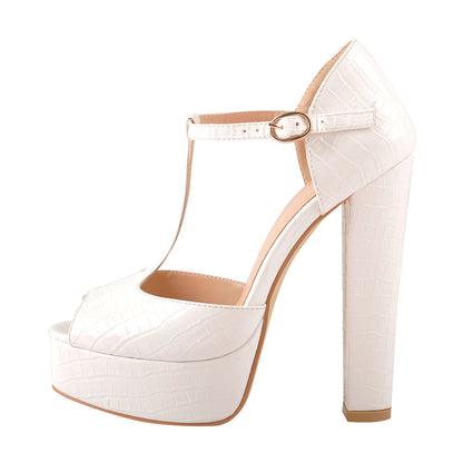 T Strap Peep Toe Platform Patent Chuncky High Heel Sandals - Onlymaker